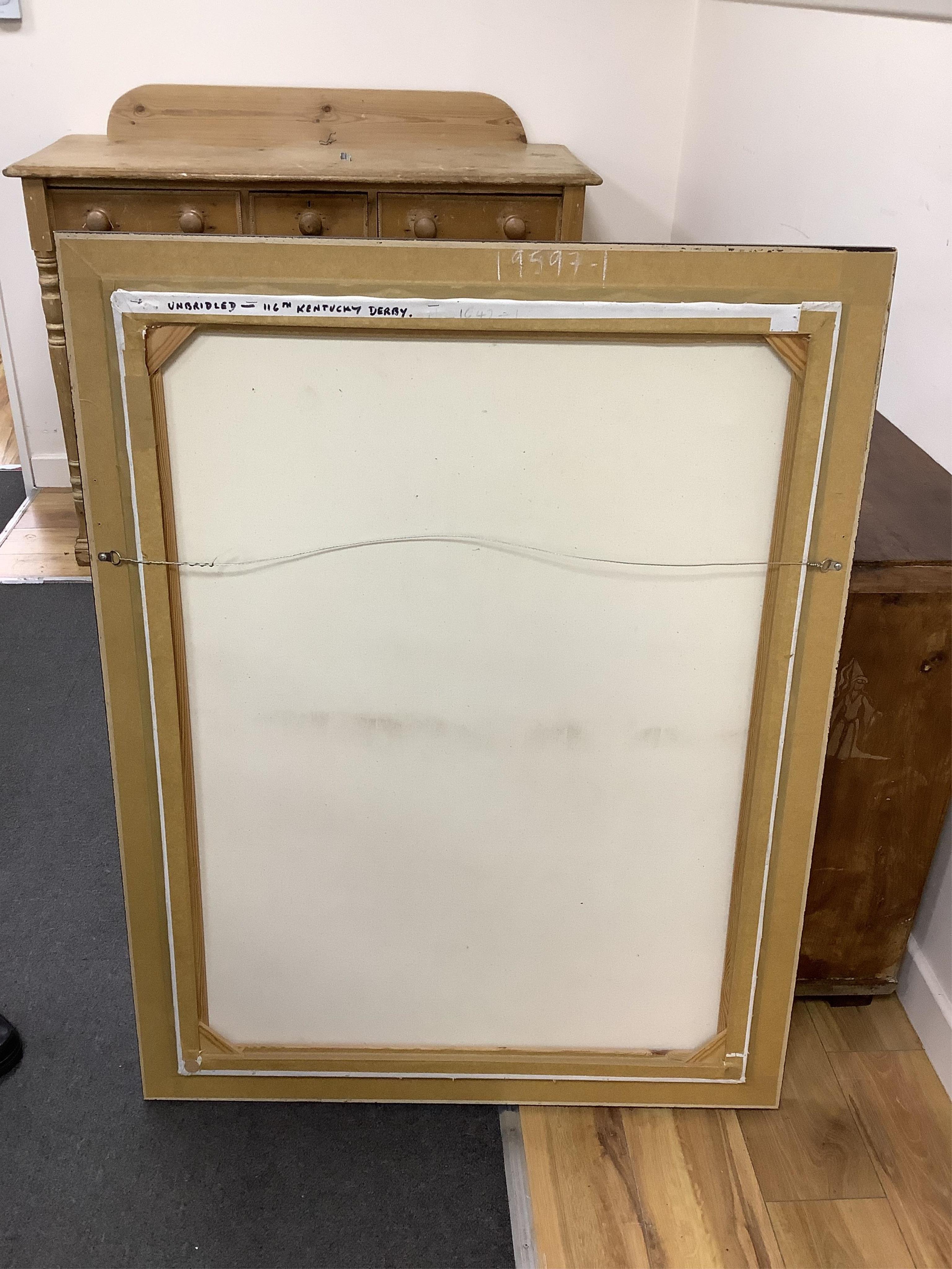 Graham Issom, Jockeys on horseback, signed, horse racing interest oil on canvas, 99 x 73cm